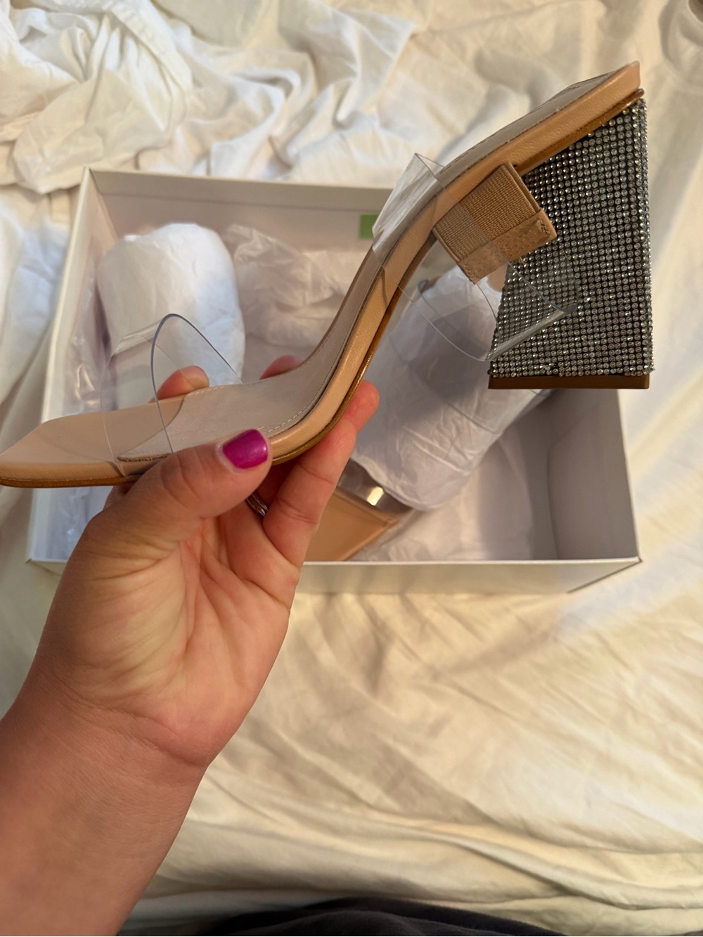 SCHUTZ Arielle’s Vinyl Nude Clear Strap Block Heels with Crystal-Studded Heel